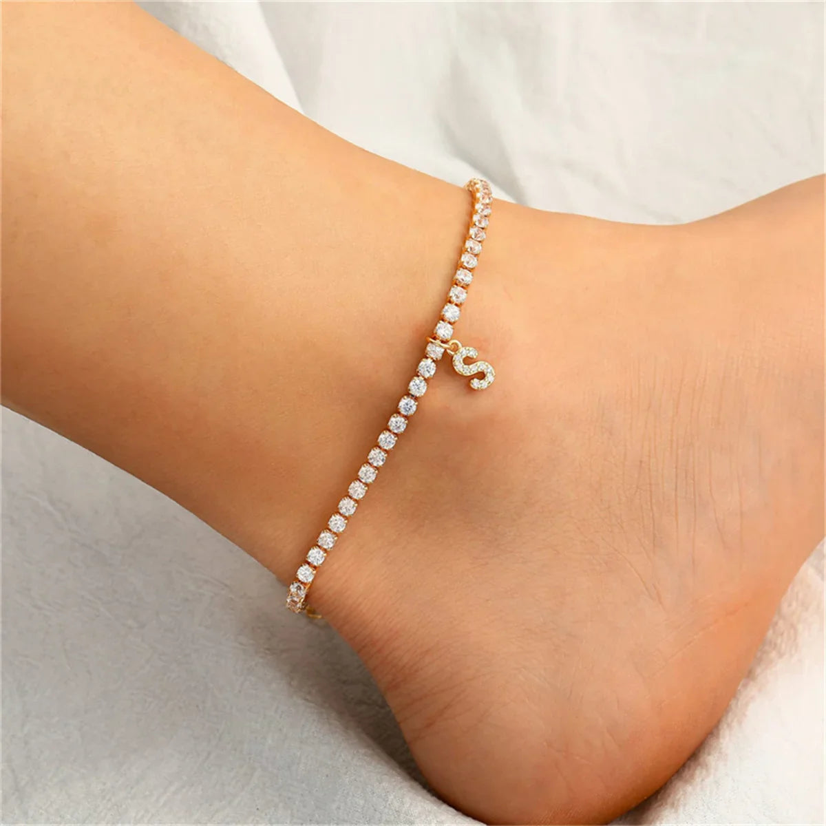 Gold Initial Ankle Bracelet from A to Z with Zirconia Stones