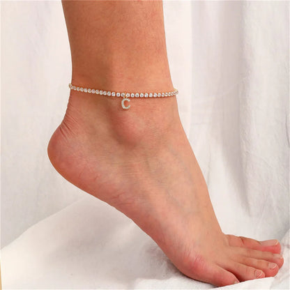 Gold Initial Ankle Bracelet from A to Z with Zirconia Stones