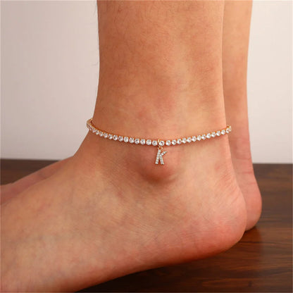 Gold Initial Ankle Bracelet from A to Z with Zirconia Stones