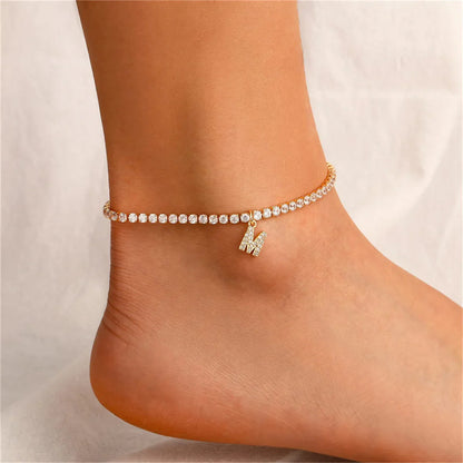 Gold Initial Ankle Bracelet from A to Z with Zirconia Stones