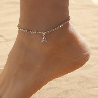 Gold Initial Ankle Bracelet from A to Z with Zirconia Stones