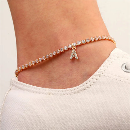 Gold Initial Ankle Bracelet from A to Z with Zirconia Stones